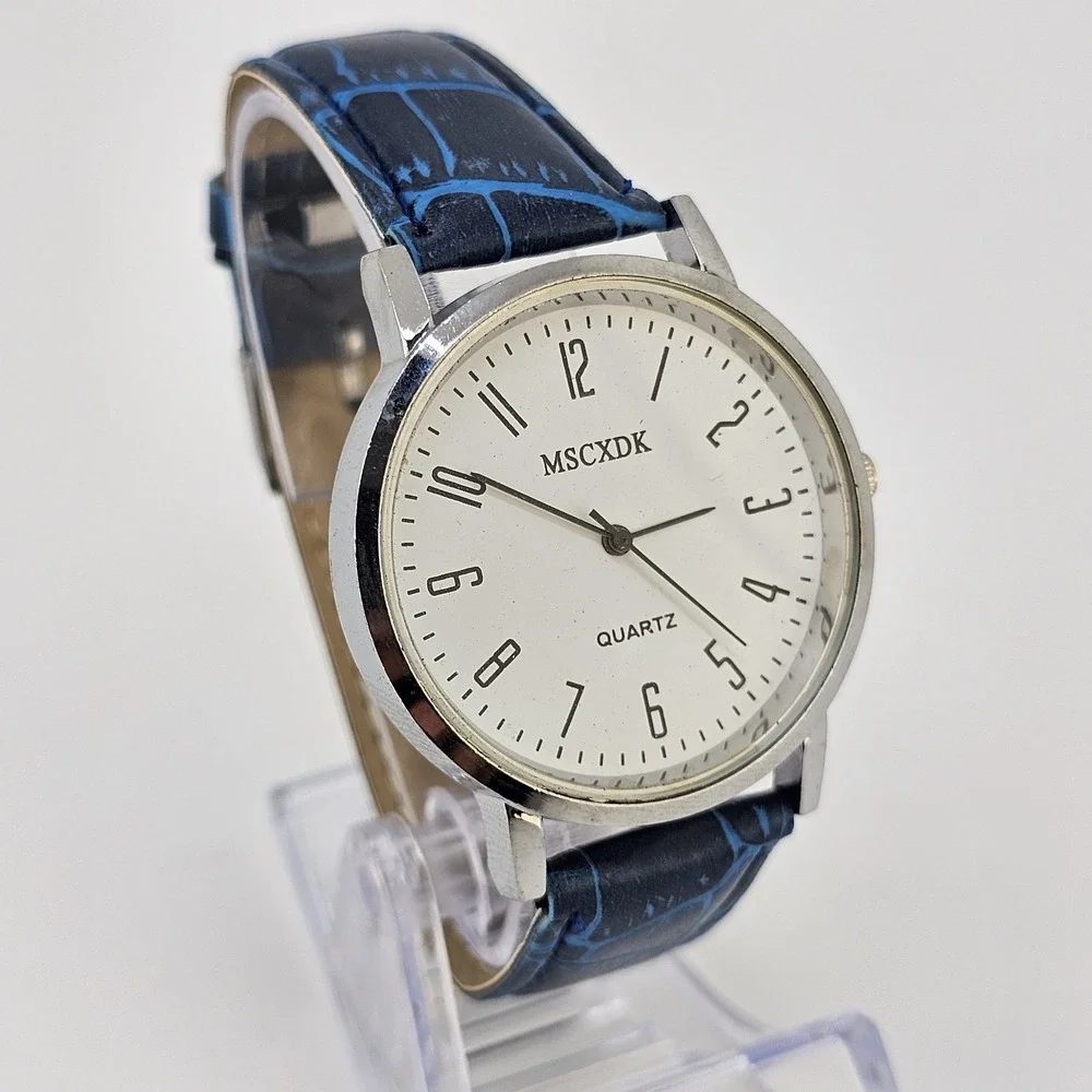 Men's Analog Easy Read Watch 40MM White Dial Blue Faux Leather Bands New Battery